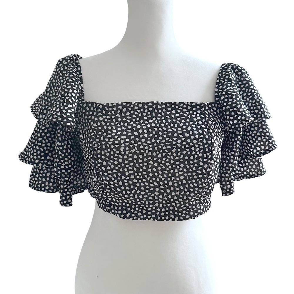 Boohoo Womens Polka‎ Dot Ruffle Sleeve Crop Top Romantic Cottagecire Size 4